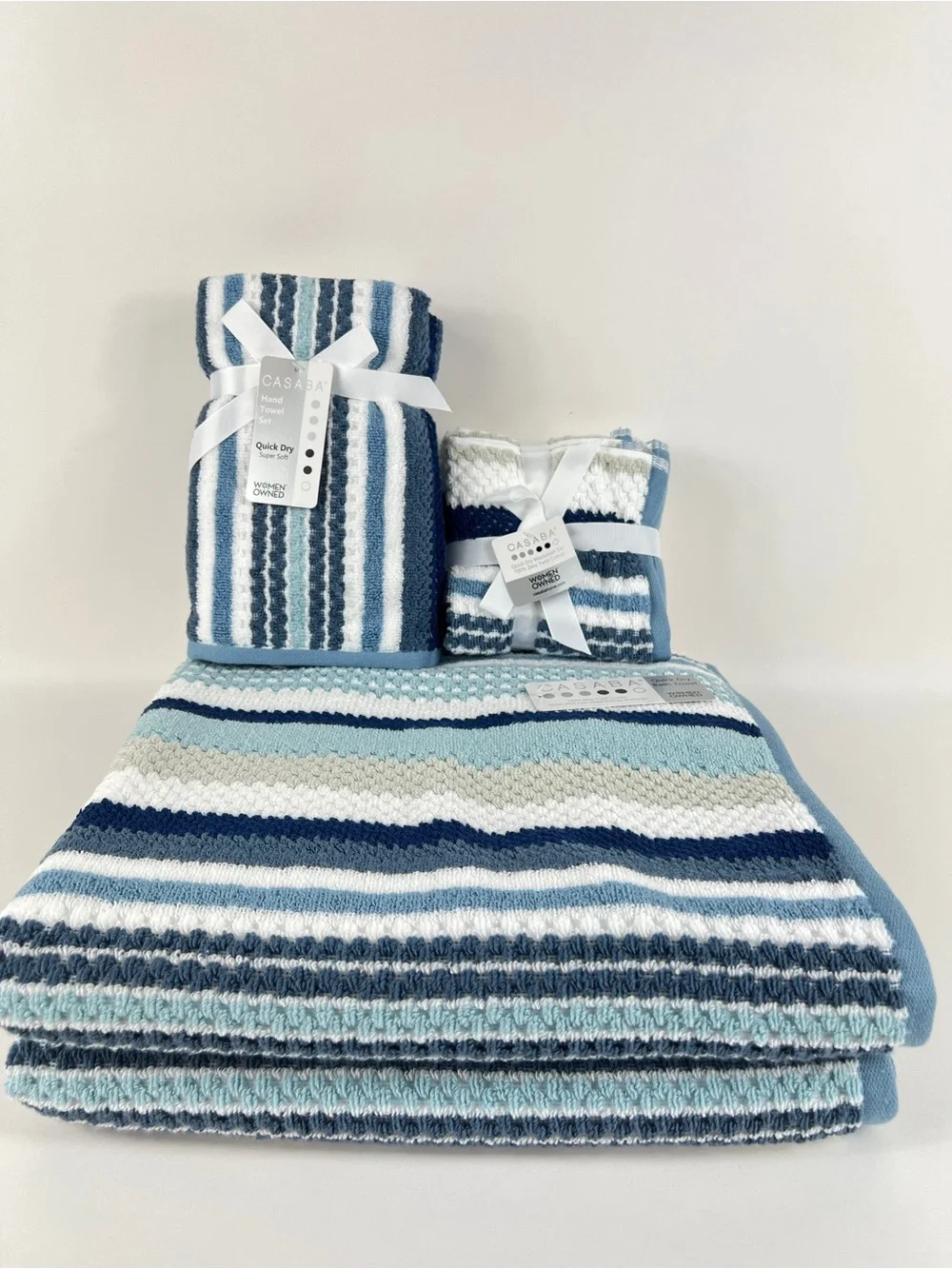 Casaba 8 Pc Bath Towel Set Blue White Taupe Striped Super Soft Cotton Blend NEW